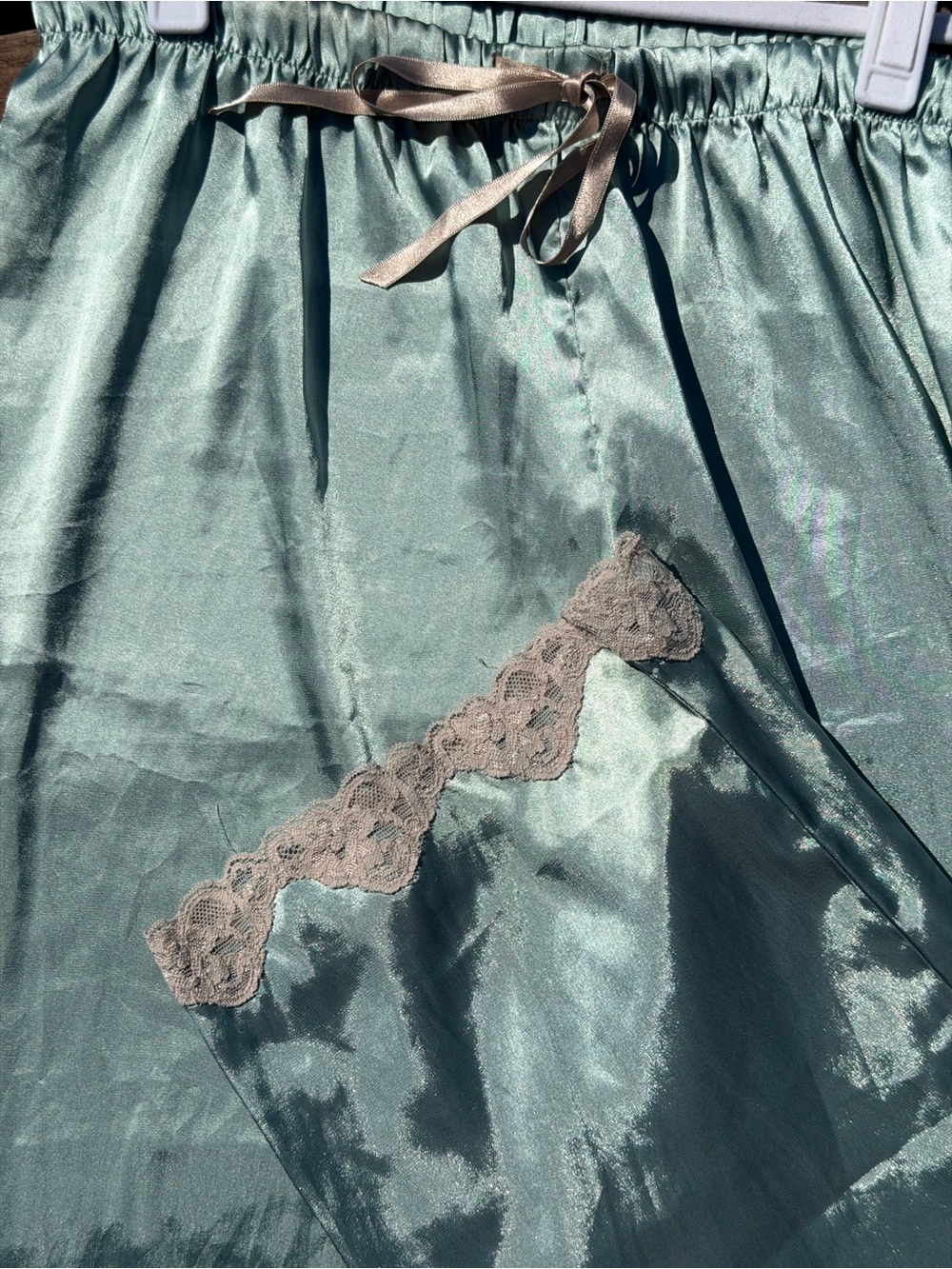 Gilligan & O'Malley Satin Wide Leg Pajama Pants in Teal with Taupe Lace